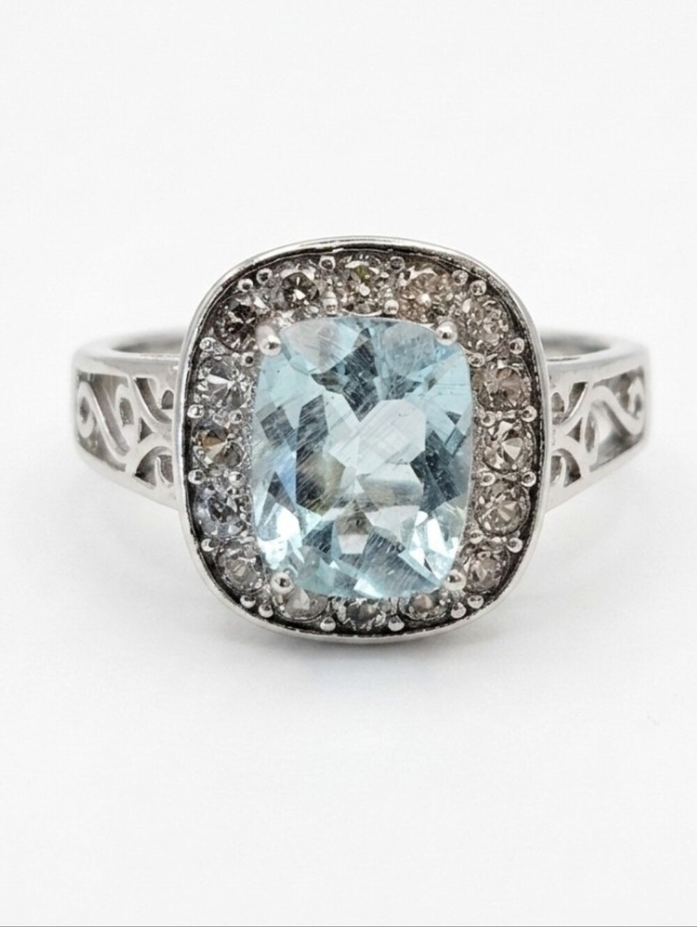 Genuine Aquamarine & White Topaz Ring Sterling Silver Size 8!